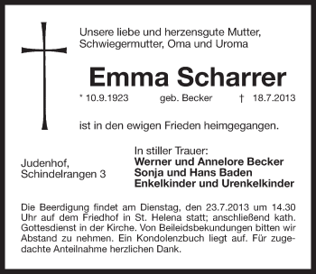 Traueranzeige von Emma Scharrer von Pegnitz-Zeitung